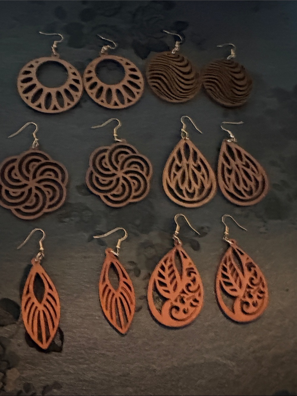 HANDCRAFTED SHADES OF BROWN WOODEN LIGHTWEIGHT FILIGREE LARGE HOOK EARRINGS